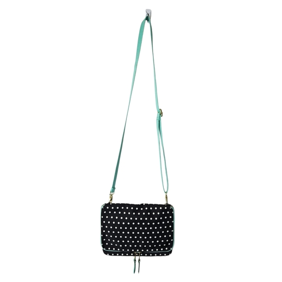 Fossil Keyper Mini Flap Crossbody Organizer Purse Polka Dot Bag - Black and Mint - Picture 2 of 13